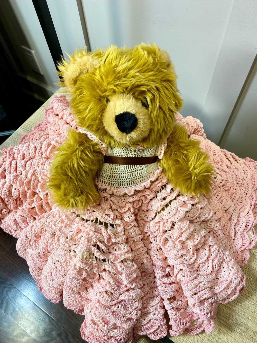 Vintage 1970s Hand Crocheted Bear Doll And Outfit pink Dress Fits 15" Bear